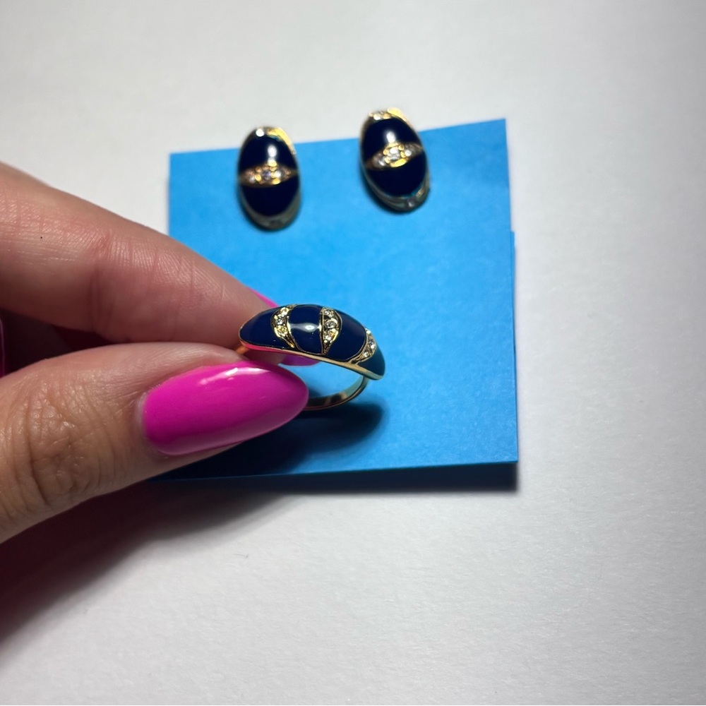 Navy Blue and Gold Earring and Ring Set